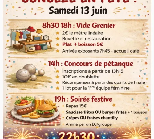 Concèze en fête : Vide grenier, concours pétanque, soirée festive et feu d'artifices
