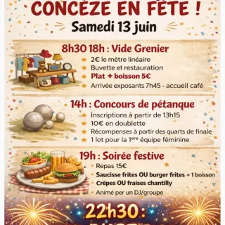 Concèze en fête : Vide grenier, concours pétanque, soirée festive et feu d'artifices